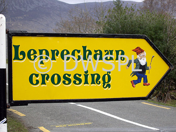 stock photo image: Ireland, sign, signs, road sign, road signs, roadsign, roadsigns, leprechaun, leprechaun, elf, elves, BS65,