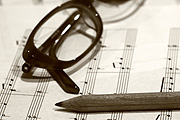 Music, sheet music, pencil, pencils, glasses, spectacles.