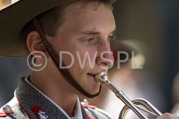 stock photo image: Australia, Australians, NSW, New South Wales, Sydney, People, man, men, male, males, musical instrument, musical instruments, trumpet, trumpets, Anzac Day, Anzac Days, parade, parades, Anzac Day parade, Anzac Day parades, Anzac Day march, Anzac Day marches, LF60,