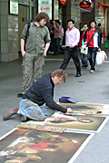 Australia, vic, victoria, melbourne, art, artist, artists, man, men, male, males, people, draw, draws, drawing, drawing, pavement, pavements, footpath, footpaths, path, paths, pathway, pathways.