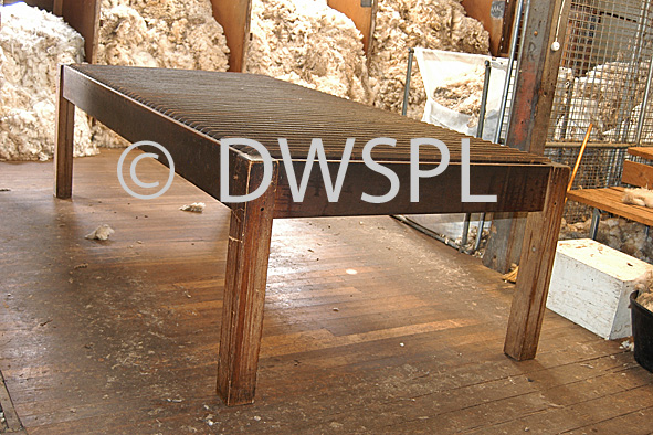 stock photo image: Australia, tas, tassie, tasmania, brickendon, wool shed, wool sheds, shed, sheds, sheep, shear, shears, shearing, shearing shed, shearing sheds, shed, sheds, table, tables.