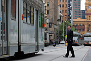 Australia, vic, victoria, melbourne, transport, transportation, vehicle, vehicles, tram, trams, sign, signs, elizabeth street, people, man, men, male, males.