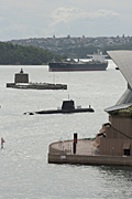 Australia, New South Wales, sydney, architecture, opera house, sydney opera house, navy, australian navy, armed forces, submarine, submarines, harbour, harbours, sydney harbour, pinchgut, fort denison, fort, forts, ship, ships, shipping, transport.
