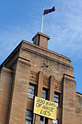Australia, New South Wales, sydney, architecture, museum, museums, art, art museum, art museums, museum of contemporary art, contemporary, flag, flags, australian, australian flag, australian flags, window, windows, sign, signs, clock, clocks, aboriginal, aboriginies, land rights, sign, signs, protest, protests.