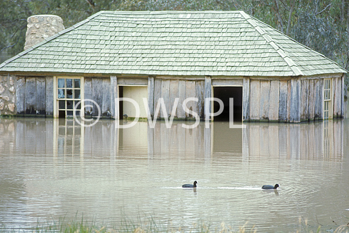 stock photo image: Australia, New South Wales, disaster, disasters, flood, floods, flooding, flooded, river, rivers, namoi, namoi river, water, wee waa, cottage, cottages, roof, roofs, rooves, chimney, chimneys.