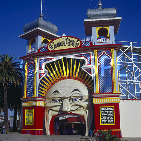 stock photo image: Australia, vic, victoria, melbourne, luna park, fair, fairs, fairground, fairgrounds, fair ground, fair grounds, fairground ride, fairground rides, theme park, theme parks, amusement, amusement ride, amusement rides, amusement park, amusement parks, fun spot, fun spots, fun park, fun parks.