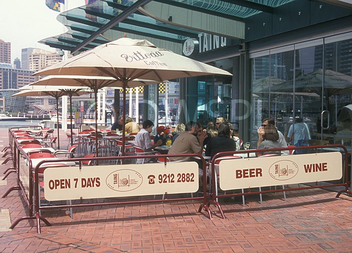 stock photo image: Australia, New South Wales, sydney, caf, cafes, umbrella, umbrellas, sign, signs, people.