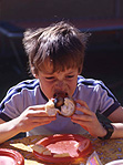 People, child, children, boy, boys, male, males, hotdog, hotdogs, hot dog, hot dogs, sausage, sausages, bread, junk food, junk foods, junkfood, junkfoods, eat, eats, eating, barbecue, barbecues, barbeque, barbeques, food.