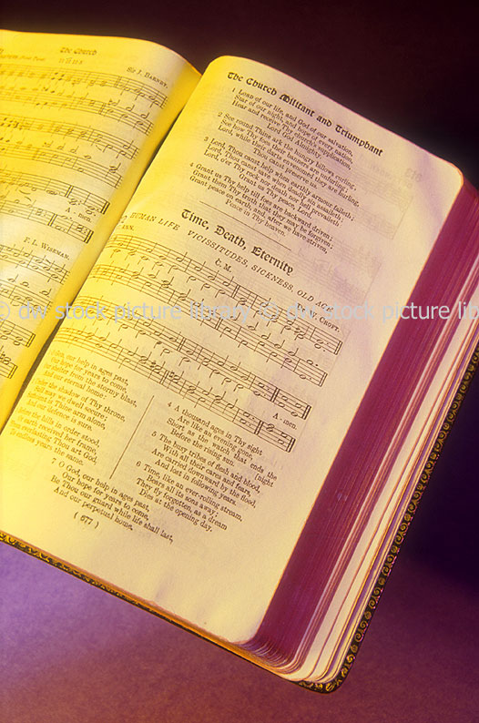 stock photo image: Book, books, paper, hymn, hymns, hymn book, hymn books, paper, song, songs, music, musical note, musical notes, note, notes, musical, religion, religious.