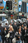 Australia, New South Wales, sydney, people, pedestrian, pedestrians, signal, signals, traffic signal, traffic signals, traffic light, traffic lights, green, crowd, crowds, sign, signs.