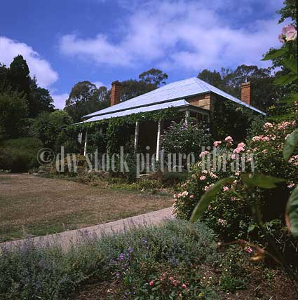 stock photo image: Australia, Victoria, Vic, Blackwood, garden, gardens, St Erth, Garden St Erth, Garden of St Erth, Macedon ranges, house, houses, housing, housing, chimney, chimneys, architecture, cottage, cottages, cottage garden, cottage gardens, garden, gardens.