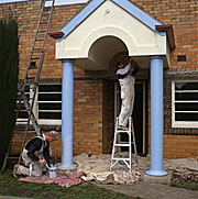 Man, Men, Male, Males, Occupation, Occupations, painter, painters, house painter, house painters, paint, paints, painting, paint tin, paint tins, ladder, ladders, window, windows, renovate, renovates, renovating, house, houses, housing, house renovation, house renovating, decorate, decorating, ladder, ladders, window, windows, column, columns, pillar, australia, outdoors, pillars.