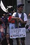 Remembrance, Remembrance Day, Armistice, Armistice Day, Poppy, Poppies, paper, Flanders Poppy, WWI, War, Wars, Australia, man, men, male, males, Sydney, NSW, New South Wales, sign, signs, hat, hats, cross, crosses, people.