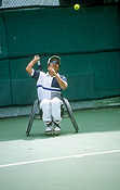 Australia, Sport pictures, Sports, swing, swings, tennis, tennis game, tennis games, outdoors, leisure, tennis racquet, tennis racquets, racquet, racquets, ball, balls, tennis ball, tennis balls, court, courts, tennis court, tennis courts, man, men, male, males, handicapped, handicapped people, people, paraplegic, paraplegics, wheelchair, wheelchairs, disabled, disability, disabilities, disabled people, disabled sports, australia, outdoors.