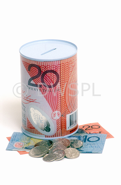 stock photo image: Cash, money, australia, australian, australian bank note, australian bank notes, bank note, bank notes, Australian money, dollar, dollars, ten dollars, twenty dollars, currency, Australian currency, tender, legal tender, Australian tender, moneybox, moneyboxes, money box, money boxes, savings, saving money, coin, coins, australian coins, 10 dollars, 20 dollars, bank note, bank notes, tin, tins.