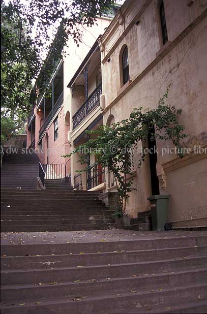 stock photo image: Australia, New South Wales, sydney, the rocks, step, steps, house, houses, housing, housing, terrace, terraces, terrace house, terraces houses.