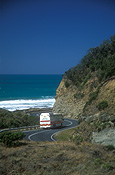 Australia, Vic, Victoria, Great Ocean Road, road, roads, transport, transportation, vehicle, vehicles, bus, buses, coach, coaches, cliff, cliffs, winding, winding road, winding roads, coast, coastal, coastline, coastlines, FF25,