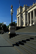 Australia, vic, victoria, melbourne, spring street, parliament house, parliament houses, government, architecture, column, columns, pillar, pillars, flag, flags, step, steps, statue, statues, shadow, shadows, FF25,