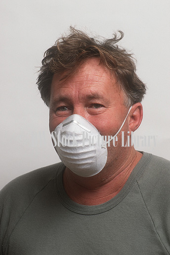 stock photo image: Man, Men, Male, Males, occupation, occupations, mask, masks, face mask, face masks, protective mask, protective masks, builders mask, builders masks, builder, builders, portrait, portraits, people.