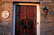 Architecture, house, houses, housing, door, doors, wreath, wreaths, christmas, christmas scene, christmas scenes, cottage, cottages, lamp, lamps, light, lights, lighting.