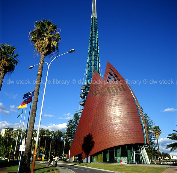 stock photo image: Australia, western australia, wa, perth, swan bells, swan bell tower, tower, towers, bell tower, bell towers, architecture, bell, bells, palm, palms, palm tree, palm trees, barrack street.