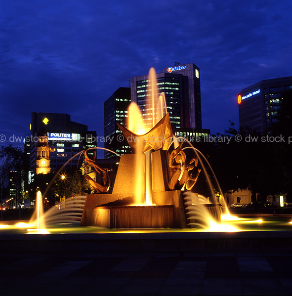 stock photo image: Australia, south australia, sa, adelaide, victoria square, fountain, fountains, night, nightime, evening, water.