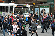 Australia, New South Wales, sydney, people, pedestrian, pedestrians, road, roads, sealed, sealed road, sealed roads, crowd, crowds, bus, buses, transport, transportation, vehicle, vehicles, sign, signs.
