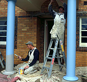 Australia, Man, Men, Male, Males, Occupation, Occupations, painter, painters, house painter, house painters, hat, hats, paint, paints, painting, paint tin, paint tins, window, windows, renovate, renovates, renovating, house, houses, housing, house renovation, house renovating, decorate, decorating, ladder, ladders, window, windows, column, columns, pillar, pillars, australia, outdoors.