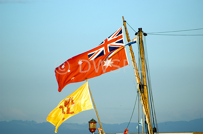 stock photo image: Australia, sa, south australia, adelaide, port adelaide, transport, transportation, vehicle, vehicles, ship, ships, shipping, vessel, vessels, history, historical ship, historical ships, replica, replicas, duyfken, little dove, william janszoon, flag, flags.