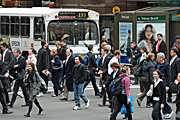 Australia, New South Wales, sydney, people, pedestrian, pedestrians, road, roads, sealed, sealed road, sealed roads, crowd, crowds, bus, buses, transport, transportation, vehicle, vehicles, sign, signs.