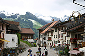 Europe, Switzerland, Swiss, Gruyeres, village, villages, architecture, house, houses, housing, chalet, chalets, street, streets, snow, snow scene, snow scenes, winter, cold.